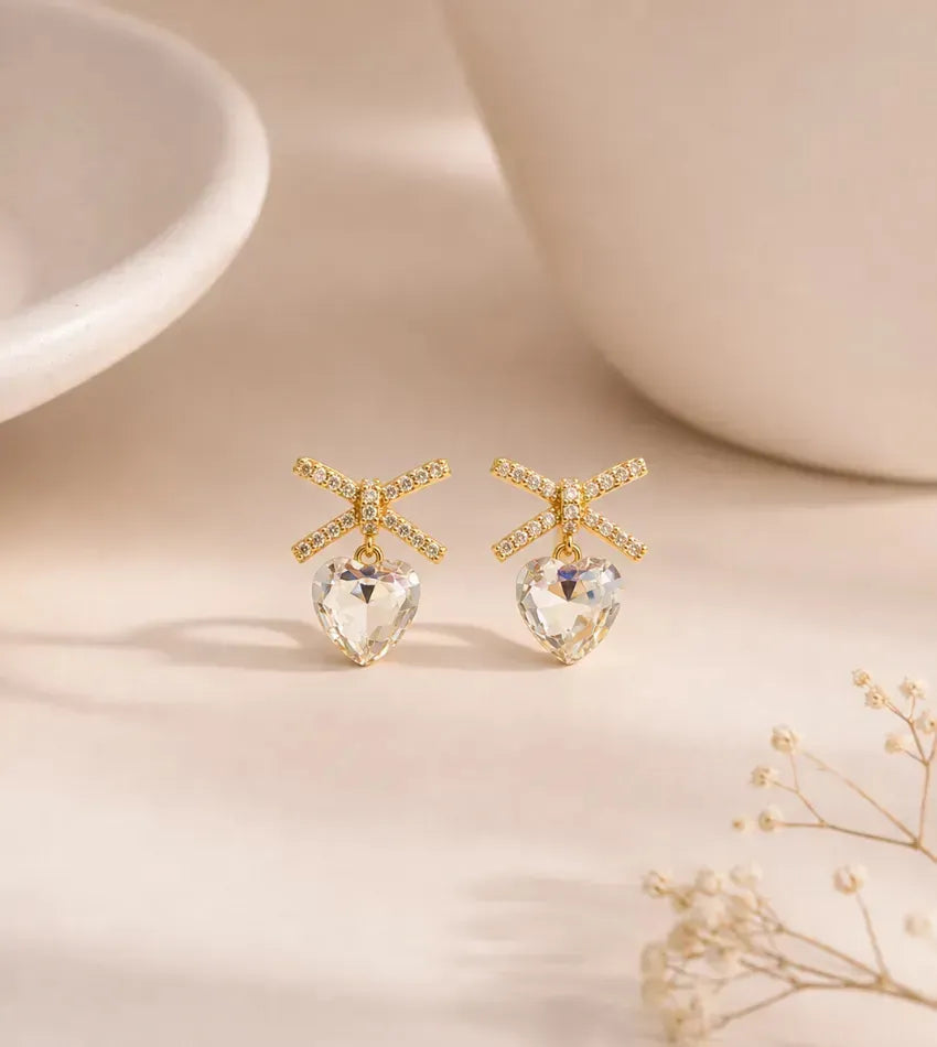 crystal bow heart earrings