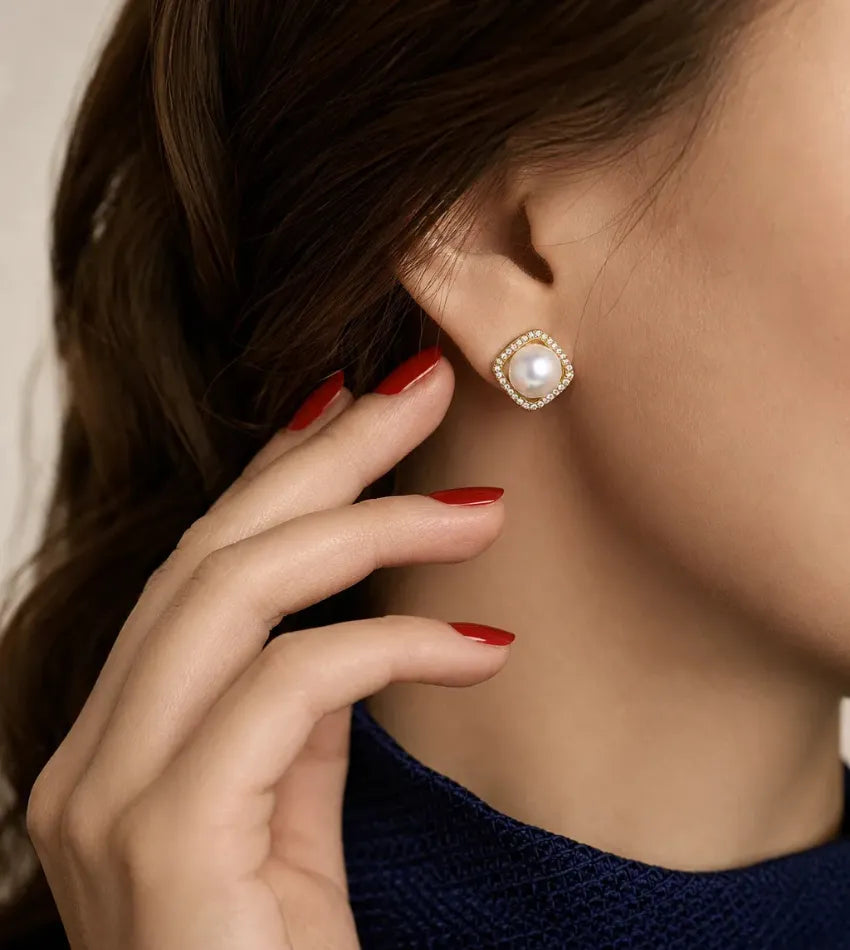 gold pearl square earrings