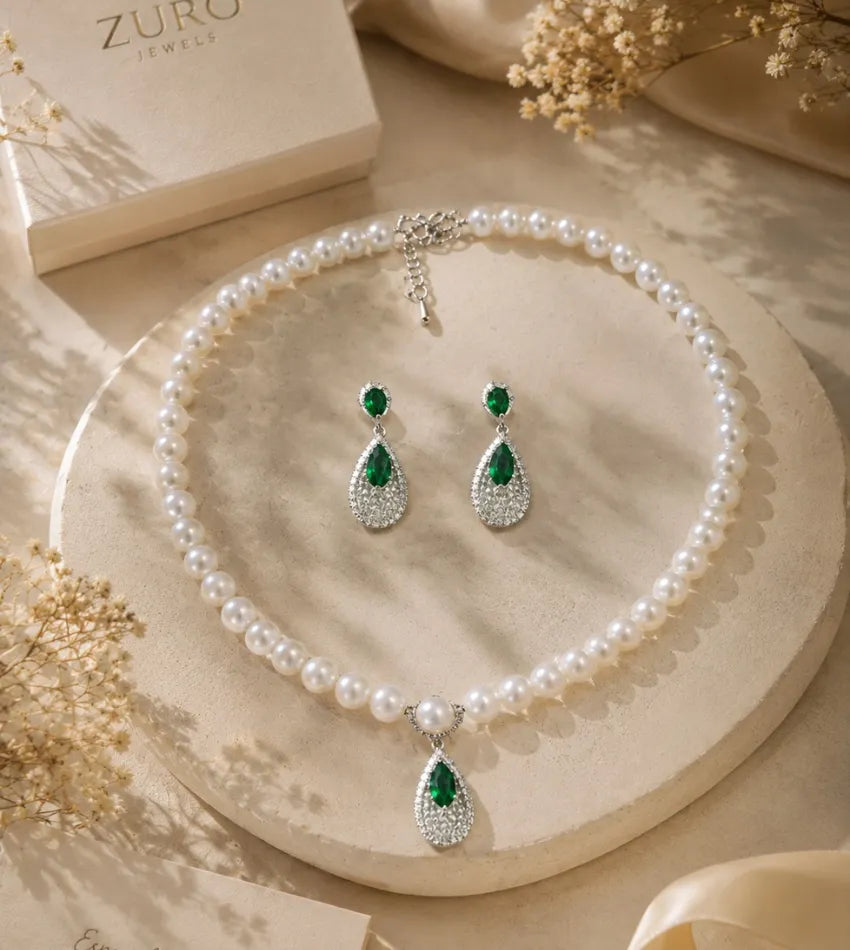 green pearl necklace set