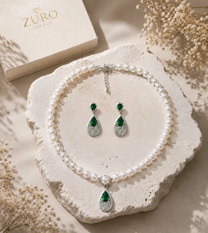 pearl green jewellery set