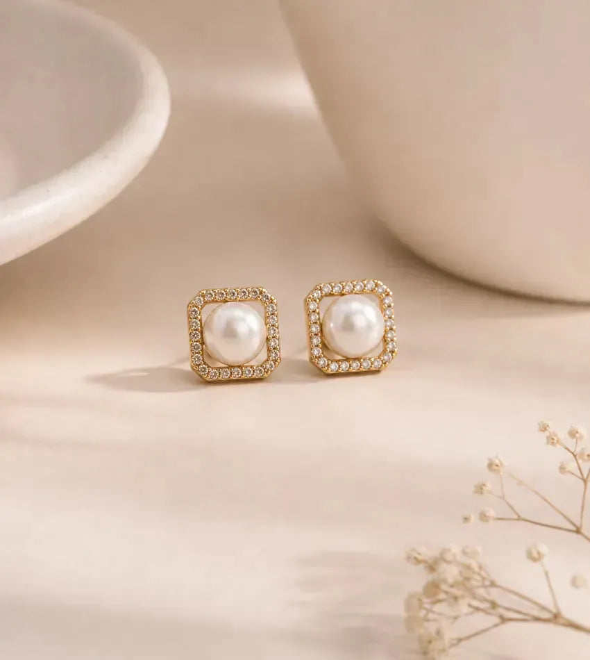 pearl square stud earrings