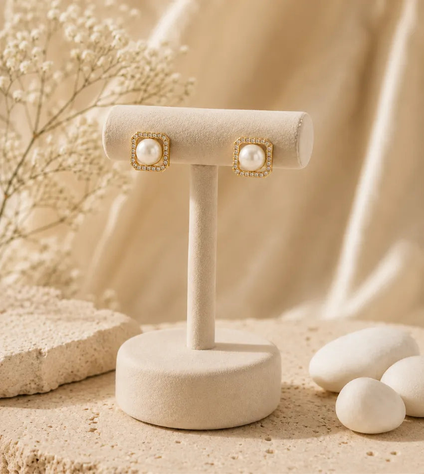 square crystal pearl studs