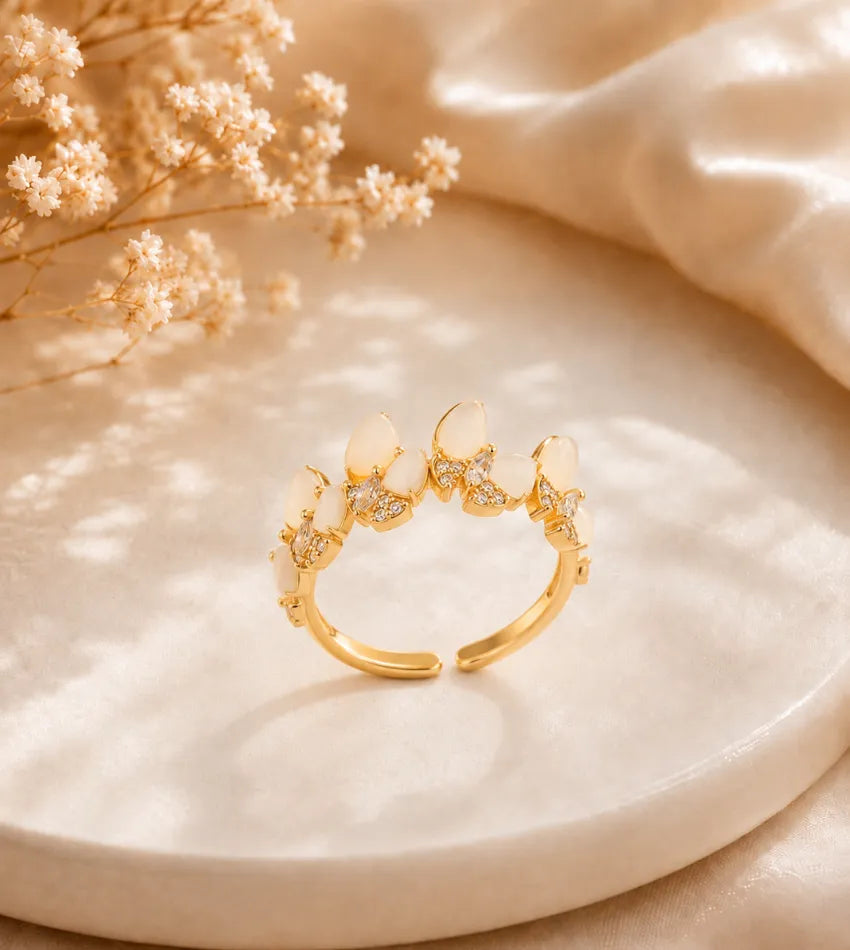 white floral crystal ring