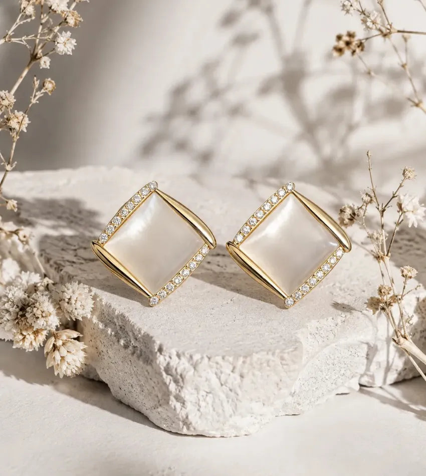 white pearl square earrings