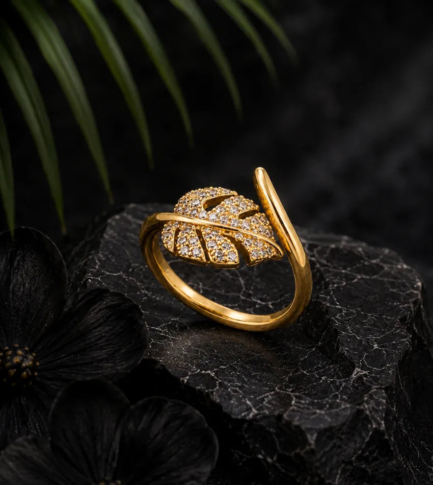 women crystal leaf ring